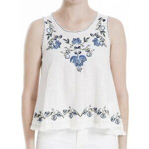 MAX STUDIO White Blue Floral Embroidered Boho Top Fringe Bottom Trim Size S